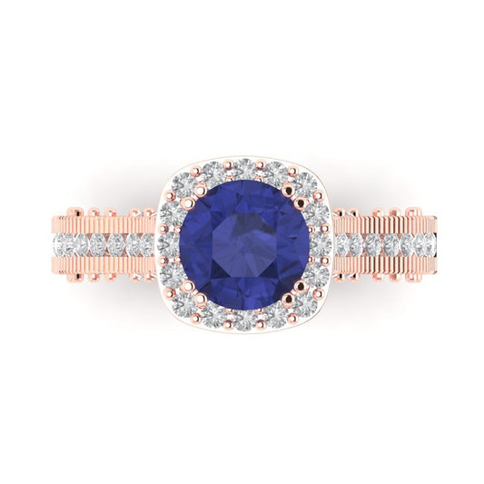 2.37 cttw Simulated Tanzanite Hidden Halo Engagement Ring - Solid Rose Gold (VVS1, Round Cut,7.5mm)