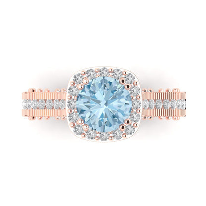 2.37 cttw Natural Aquamarine Hidden Halo Engagement Ring - Solid Gold (Round Cut,7.5mm)