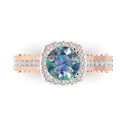 2.37 cttw Blue Moissanite Hidden Halo Engagement Ring - Solid Rose Gold (VVS1, Round Cut,7.5mm)