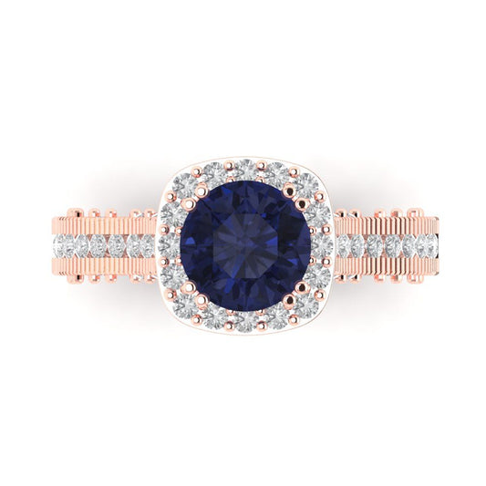 2.37 cttw Simulated Blue Sapphire Hidden Halo Engagement Ring - Solid Rose Gold (VVS1, Round Cut,7.5mm)