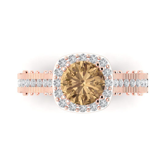 2.37 cttw Zirconia Simulated Champagne Diamond Hidden Halo Engagement Ring - Solid Rose Gold (VVS1, Round Cut,7.5mm)
