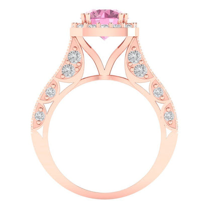 2.37 cttw Zirconia Simulated Pink Diamond Hidden Halo Engagement Ring - Solid Gold (VVS1, Round Cut,7.5mm)