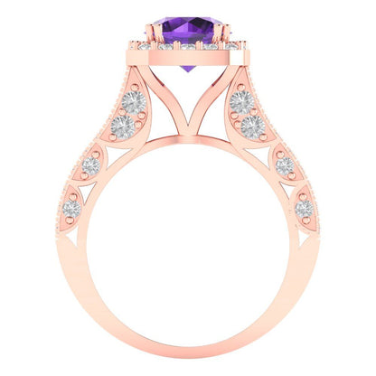 2.37 cttw Natural Amethyst Hidden Halo Engagement Ring - Solid Gold (Round Cut,7.5mm)