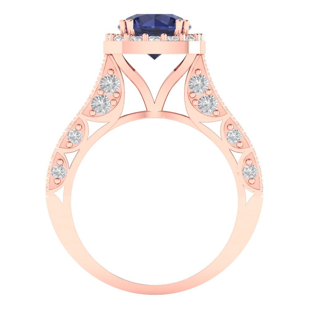 2.37 cttw Simulated Blue Sapphire Hidden Halo Engagement Ring - Solid Gold (Round Cut,7.5mm)