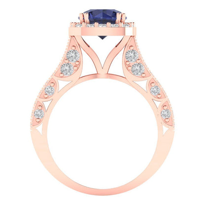 2.37 cttw Simulated Blue Sapphire Hidden Halo Engagement Ring - Solid Gold (Round Cut,7.5mm)