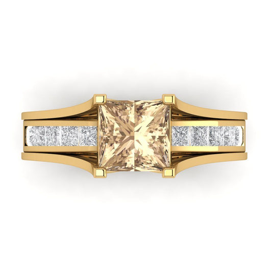 2.28 cttw Princess Cut Yellow Moissanite Bridal Set - Solid Yellow Gold Engagement Ring & Wedding Band