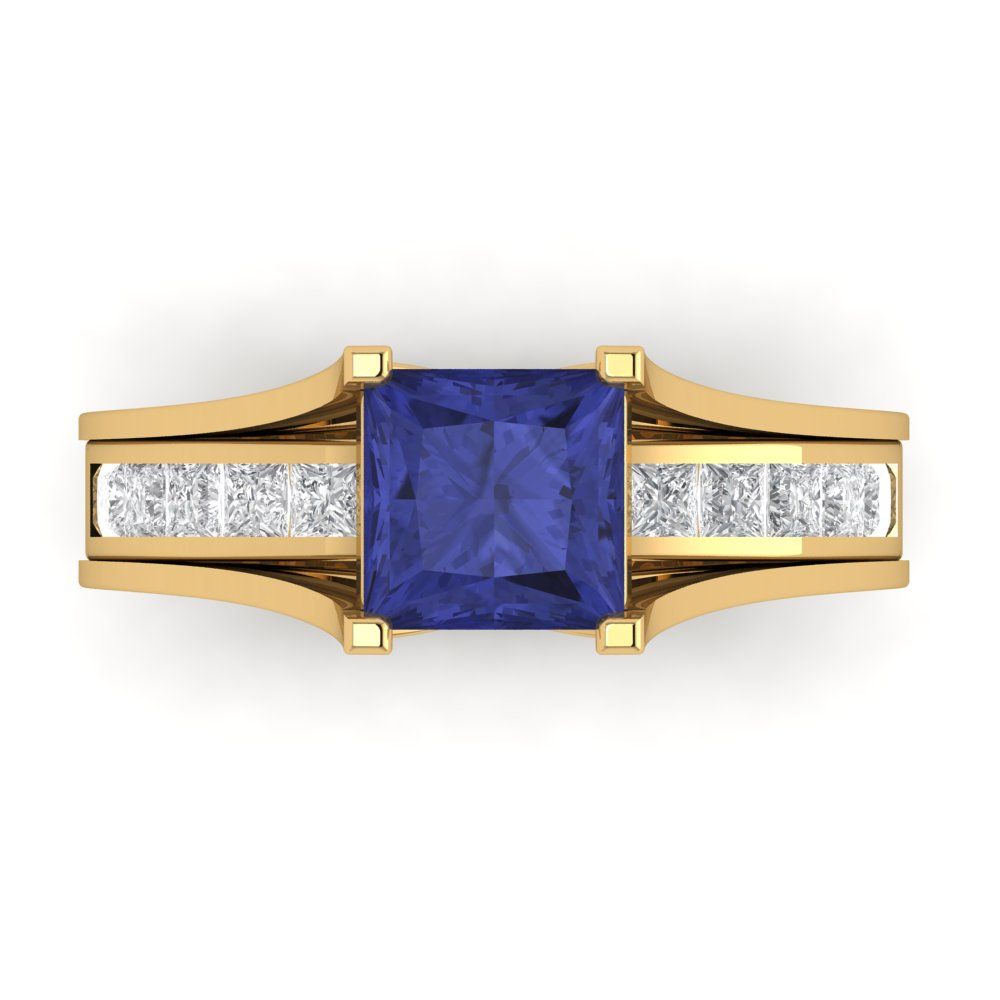 2.28 cttw Princess Cut Simulated Tanzanite Bridal Set - Solid Yellow Gold Engagement Ring & Wedding Band