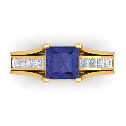 2.28 cttw Princess Cut Simulated Tanzanite Bridal Set - Solid Yellow Gold Engagement Ring & Wedding Band