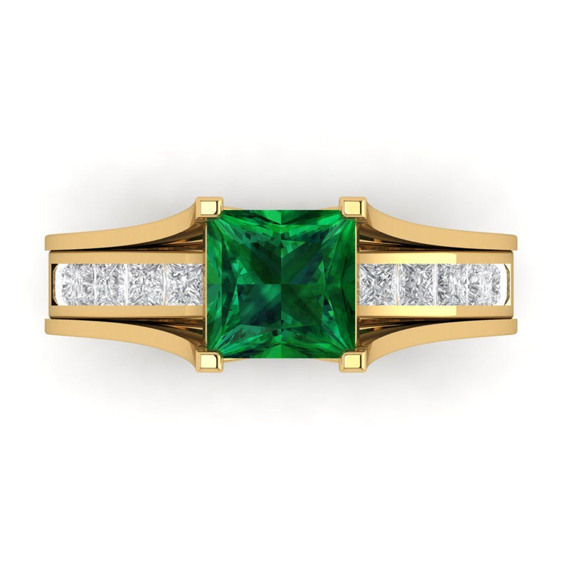 2.28 ct Brilliant Princess Cut Simulated Emerald Stone Yellow Gold Solitaire with Accents Bridal Set