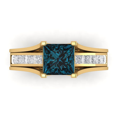 2.28 cttw Princess Cut Natural London Blue Topaz Bridal Set - Solid Yellow Gold Engagement Ring & Wedding Band