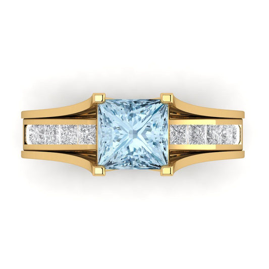 2.28 cttw Princess Cut Natural Aquamarine Bridal Set - Solid Yellow Gold Engagement Ring & Wedding Band