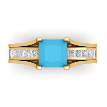 2.28 cttw Princess Cut Simulated Turquoise Bridal Set - Solid Yellow Gold Engagement Ring & Wedding Band
