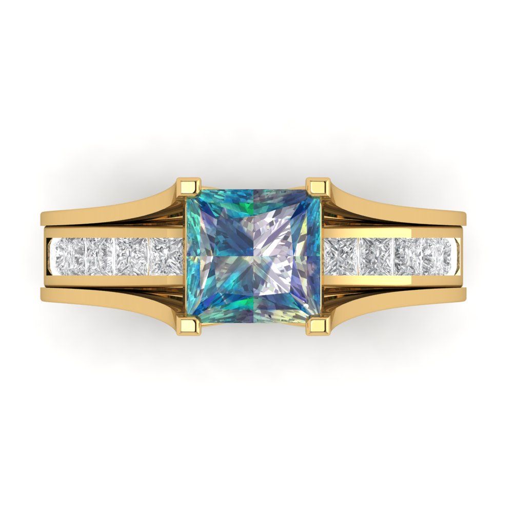 2.28 cttw Princess Cut Blue Moissanite Bridal Set - Solid Yellow Gold Engagement Ring & Wedding Band