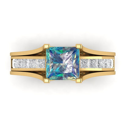 2.28 cttw Princess Cut Blue Moissanite Bridal Set - Solid Yellow Gold Engagement Ring & Wedding Band