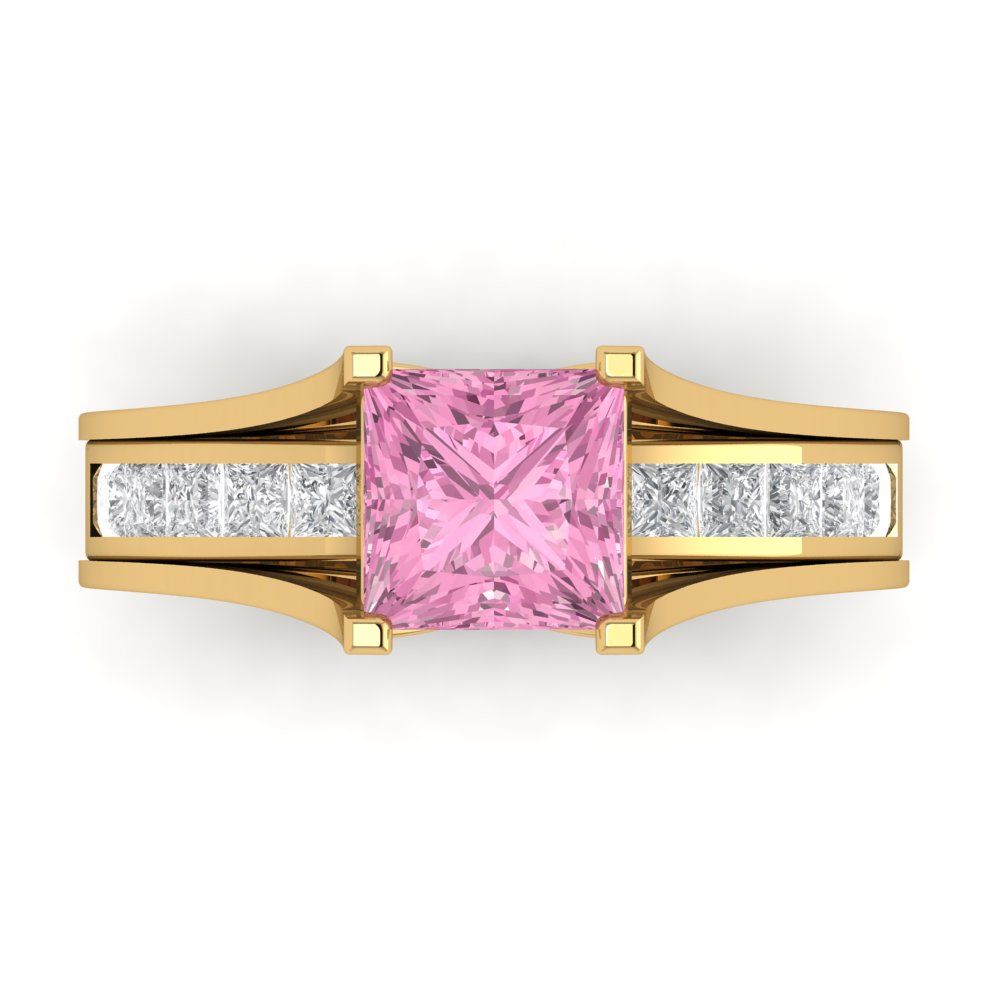 2.28 cttw Princess Cut Simulated Pink Diamond Bridal Set - Solid Yellow Gold Engagement Ring & Wedding Band