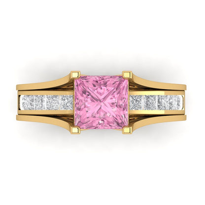 2.28 cttw Princess Cut Simulated Pink Diamond Bridal Set - Solid Yellow Gold Engagement Ring & Wedding Band