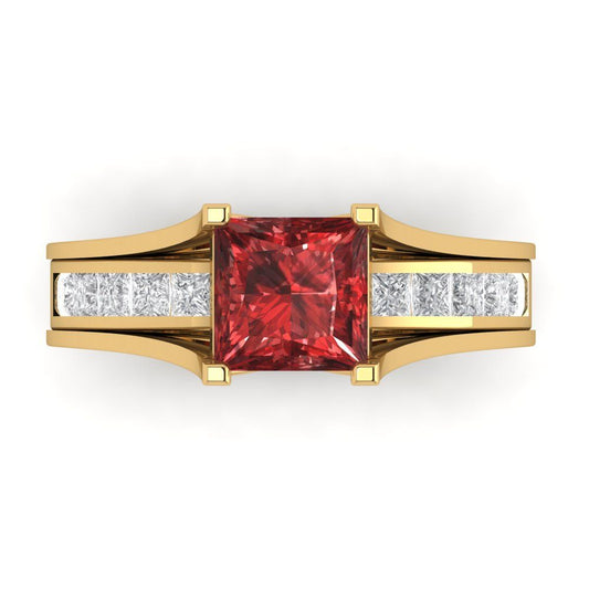 2.28 cttw Princess Cut Natural Garnet Bridal Set - Solid Yellow Gold Engagement Ring & Wedding Band
