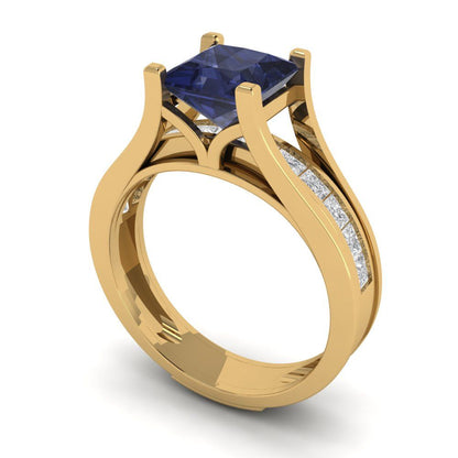 2.28 cttw Princess Cut Simulated Blue Sapphire Bridal Set - Solid Yellow Gold Engagement Ring & Wedding Band