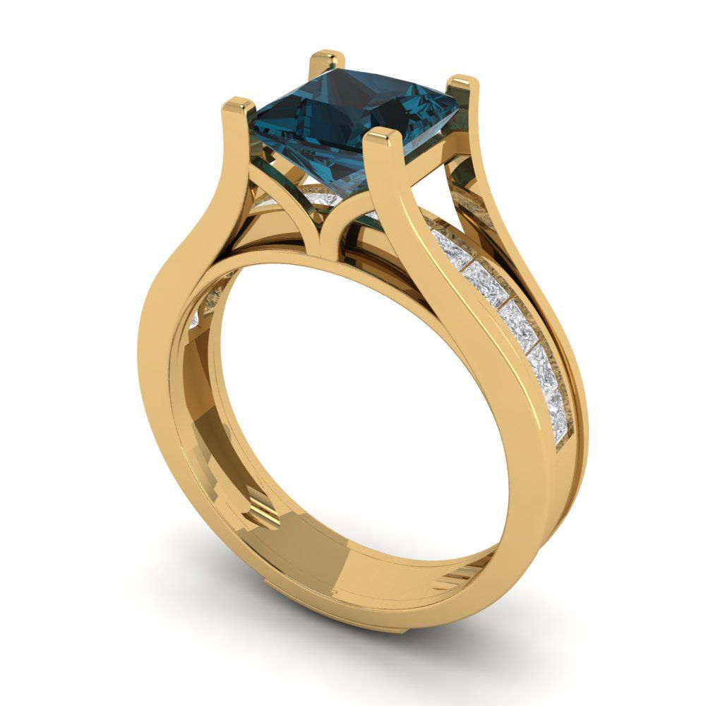 2.28 cttw Princess Cut Natural London Blue Topaz Bridal Set - Solid Yellow Gold Engagement Ring & Wedding Band