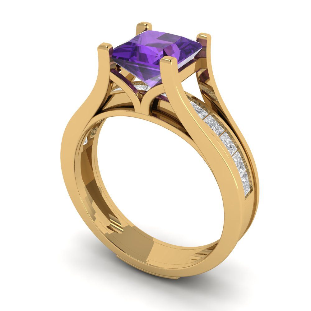 2.28 cttw Princess Cut Natural Amethyst Bridal Set - Solid Yellow Gold Engagement Ring & Wedding Band