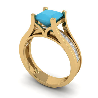 2.28 cttw Princess Cut Simulated Turquoise Bridal Set - Solid Yellow Gold Engagement Ring & Wedding Band