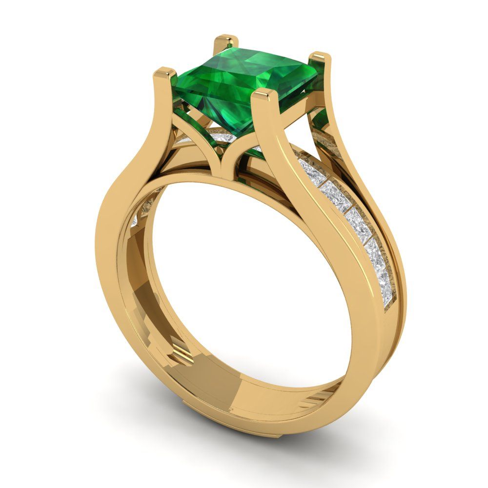 2.28 cttw Princess Cut Simulated Emerald Bridal Set - Solid Yellow Gold Engagement Ring & Wedding Band
