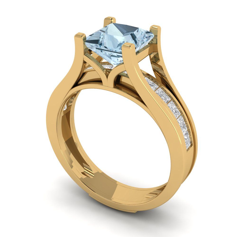 2.28 cttw Princess Cut Natural Swiss Blue Topaz Bridal Set - Solid Yellow Gold Engagement Ring & Wedding Band