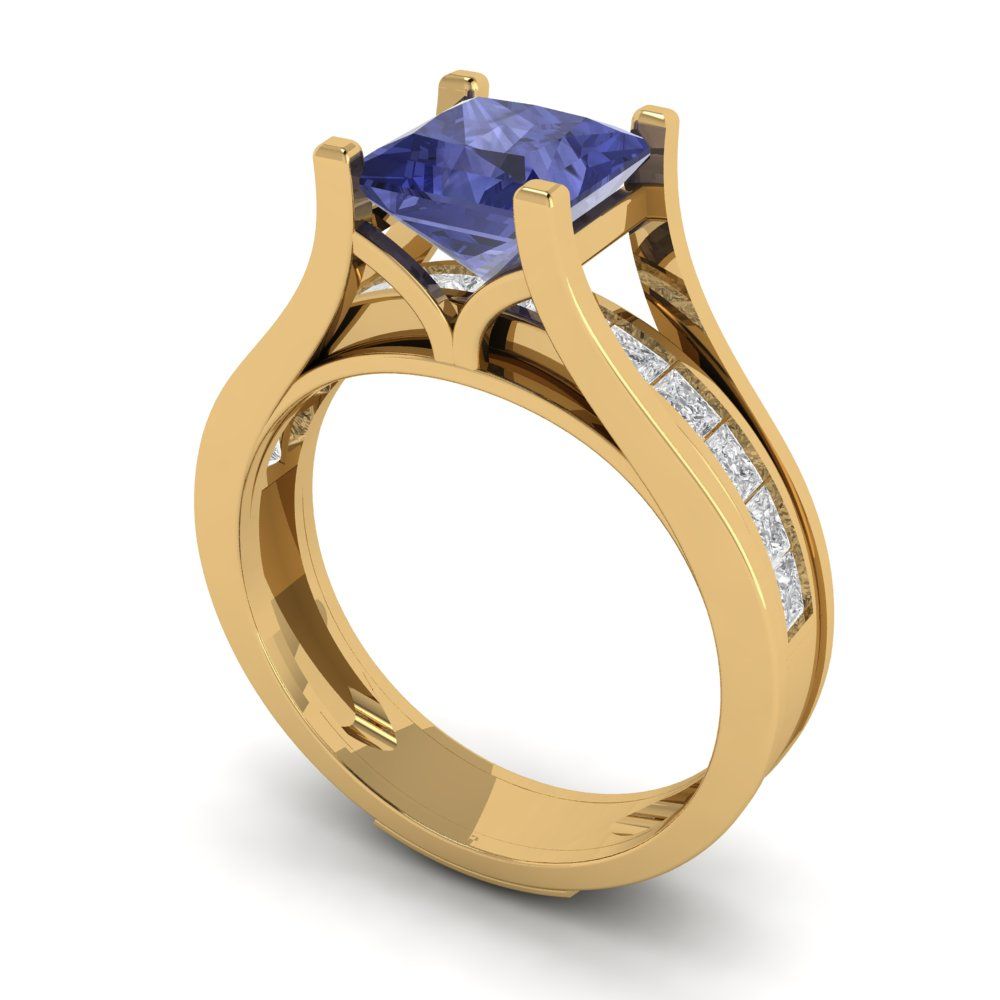 2.28 cttw Princess Cut Simulated Tanzanite Bridal Set - Solid Yellow Gold Engagement Ring & Wedding Band