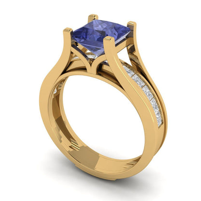 2.28 cttw Princess Cut Simulated Tanzanite Bridal Set - Solid Yellow Gold Engagement Ring & Wedding Band