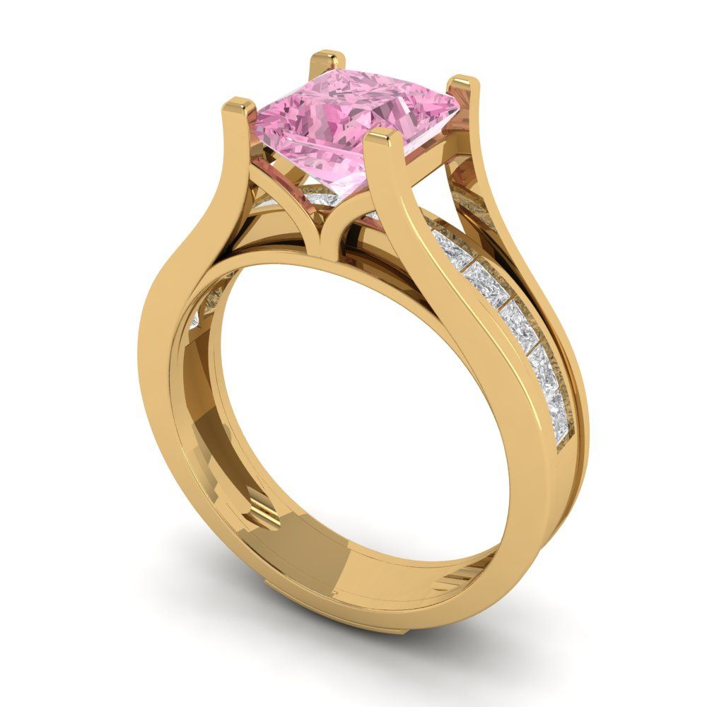 2.28 cttw Princess Cut Simulated Pink Diamond Bridal Set - Solid Yellow Gold Engagement Ring & Wedding Band