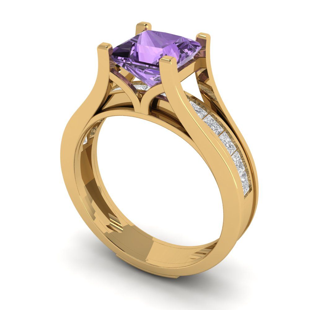 2.28 cttw Princess Cut Simulated Alexandrite Bridal Set - Solid Yellow Gold Engagement Ring & Wedding Band
