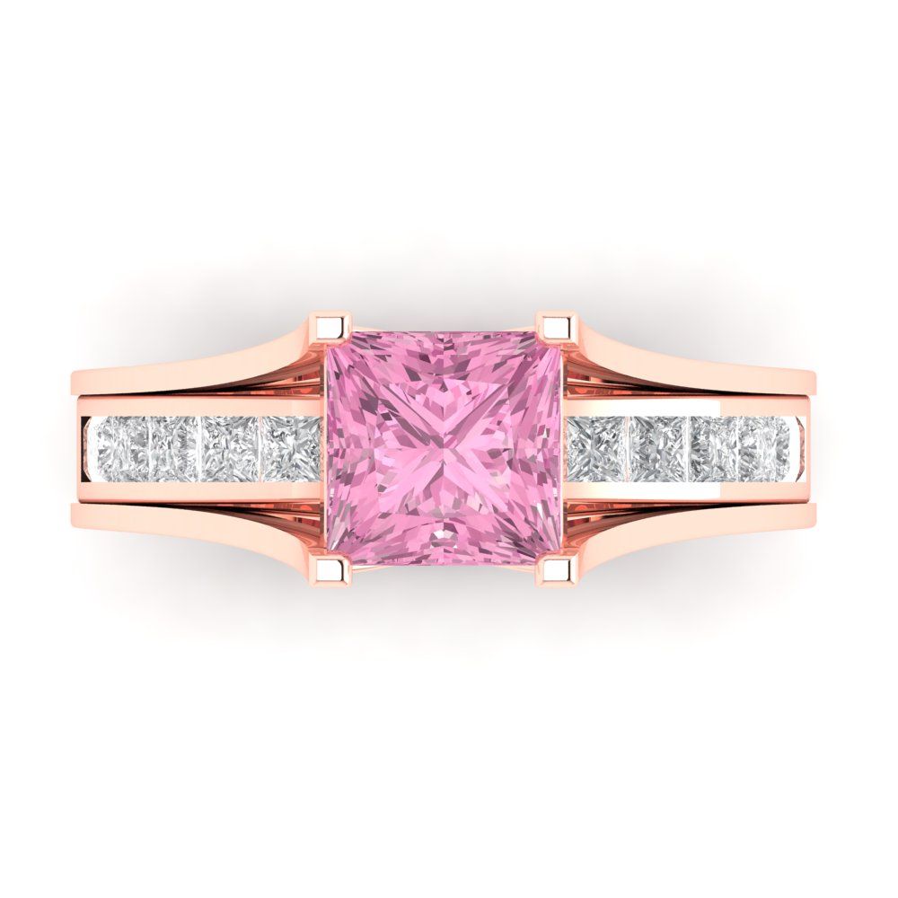 2.28 cttw Princess Cut Simulated Pink Diamond Bridal Set - Solid Rose Gold Engagement Ring & Wedding Band