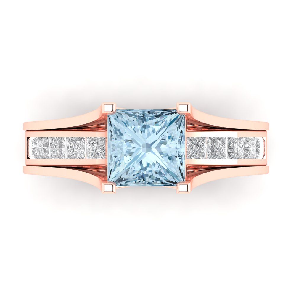 2.28 cttw Princess Cut Natural Aquamarine Bridal Set - Solid Rose Gold Engagement Ring & Wedding Band