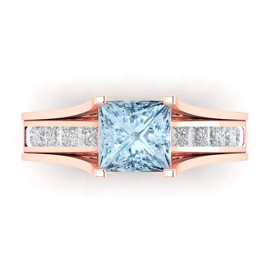 2.28 cttw Princess Cut Natural Aquamarine Bridal Set - Solid Rose Gold Engagement Ring & Wedding Band
