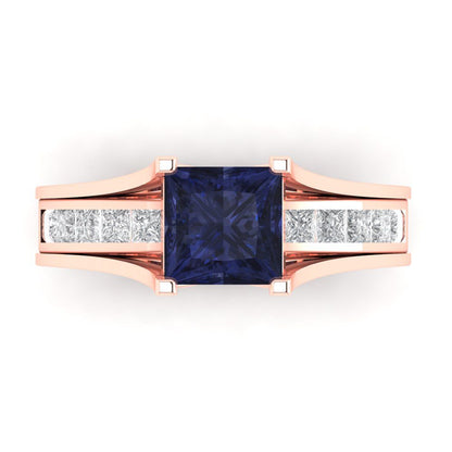 2.28 cttw Princess Cut Simulated Blue Sapphire Bridal Set - Solid Rose Gold Engagement Ring & Wedding Band