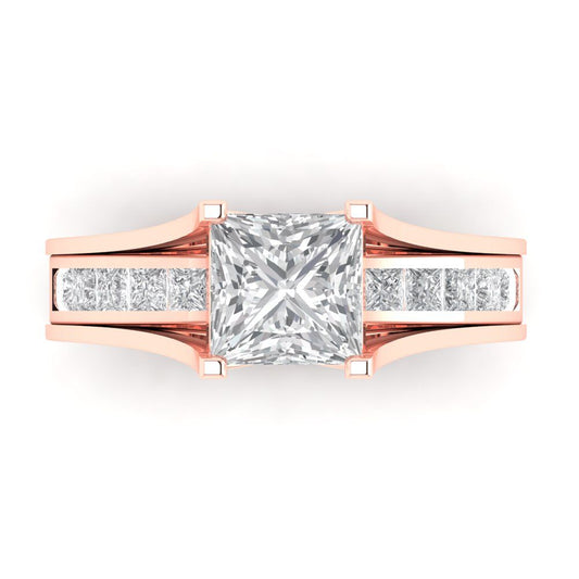 2.28 cttw Princess Cut Zirconia Simulated Diamond Bridal Set - Solid Rose Gold Engagement Ring & Wedding Band