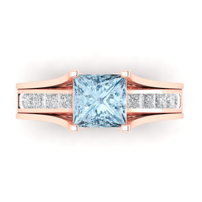 2.28 cttw Princess Cut Natural Swiss Blue Topaz Bridal Set - Solid Rose Gold Engagement Ring & Wedding Band