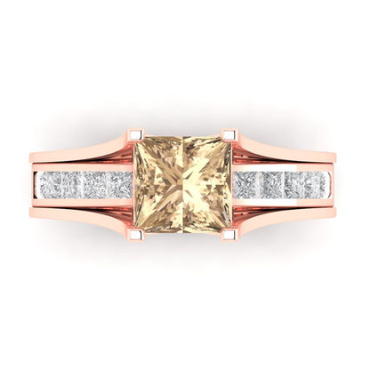 2.28 cttw Princess Cut Yellow Moissanite Bridal Set - Solid Rose Gold Engagement Ring & Wedding Band