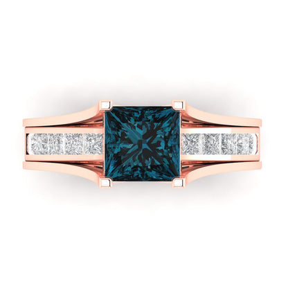 2.28 cttw Princess Cut Natural London Blue Topaz Bridal Set - Solid Rose Gold Engagement Ring & Wedding Band