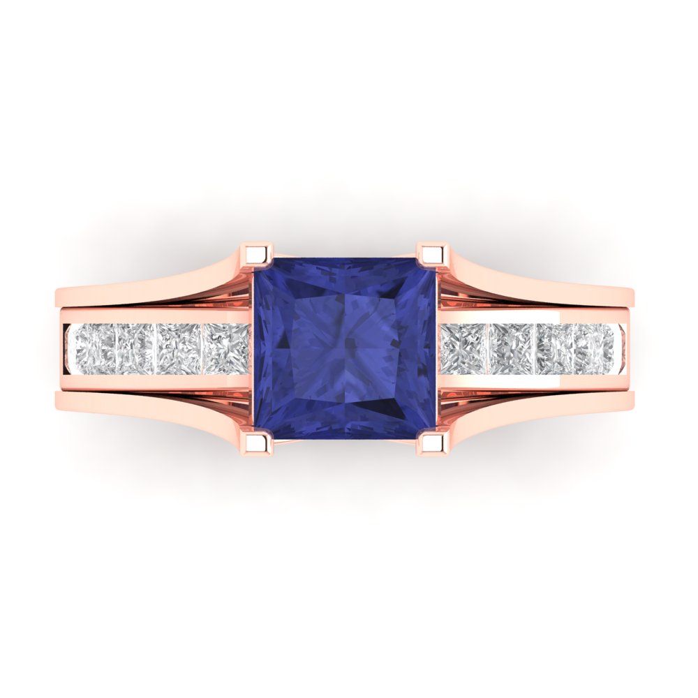 2.28 cttw Princess Cut Simulated Tanzanite Bridal Set - Solid Rose Gold Engagement Ring & Wedding Band