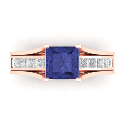 2.28 cttw Princess Cut Simulated Tanzanite Bridal Set - Solid Rose Gold Engagement Ring & Wedding Band