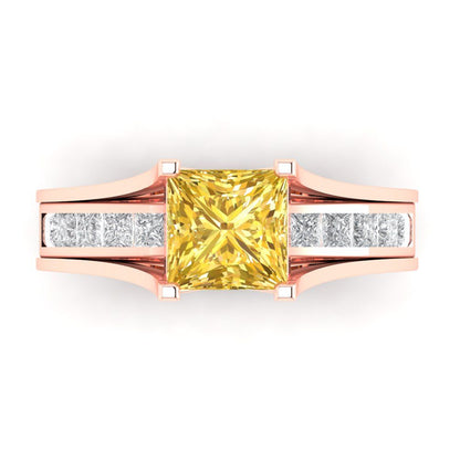2.28 cttw Princess Cut Simulated Yellow Diamond Bridal Set - Solid Rose Gold Engagement Ring & Wedding Band