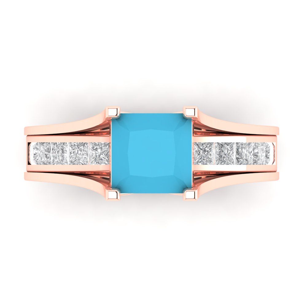 2.28 cttw Princess Cut Simulated Turquoise Bridal Set - Solid Rose Gold Engagement Ring & Wedding Band