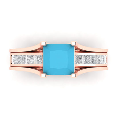 2.28 cttw Princess Cut Simulated Turquoise Bridal Set - Solid Rose Gold Engagement Ring & Wedding Band