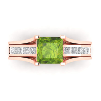 2.28 cttw Princess Cut Natural Peridot Bridal Set - Solid Rose Gold Engagement Ring & Wedding Band
