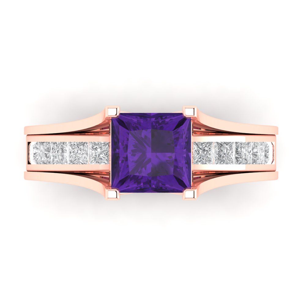 2.28 cttw Princess Cut Natural Amethyst Bridal Set - Solid Rose Gold Engagement Ring & Wedding Band