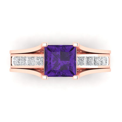 2.28 cttw Princess Cut Natural Amethyst Bridal Set - Solid Rose Gold Engagement Ring & Wedding Band