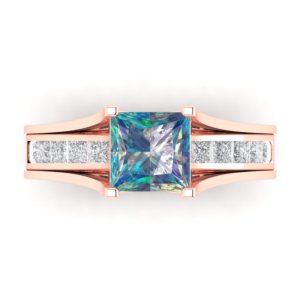 2.28 cttw Princess Cut Blue Moissanite Bridal Set - Solid Rose Gold Engagement Ring & Wedding Band