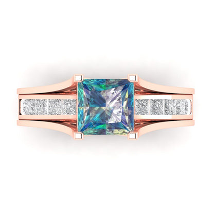 2.28 cttw Princess Cut Blue Moissanite Bridal Set - Solid Rose Gold Engagement Ring & Wedding Band