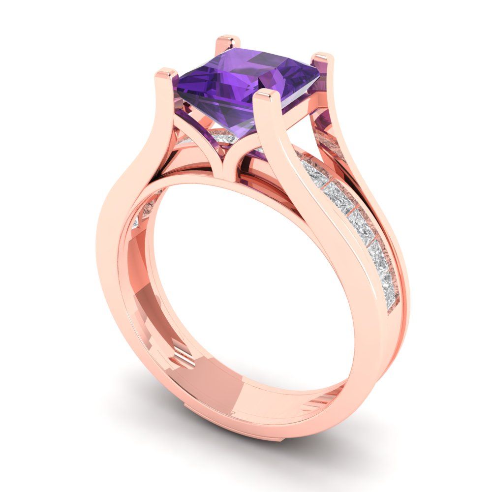 2.28 cttw Princess Cut Natural Amethyst Bridal Set - Solid Rose Gold Engagement Ring & Wedding Band